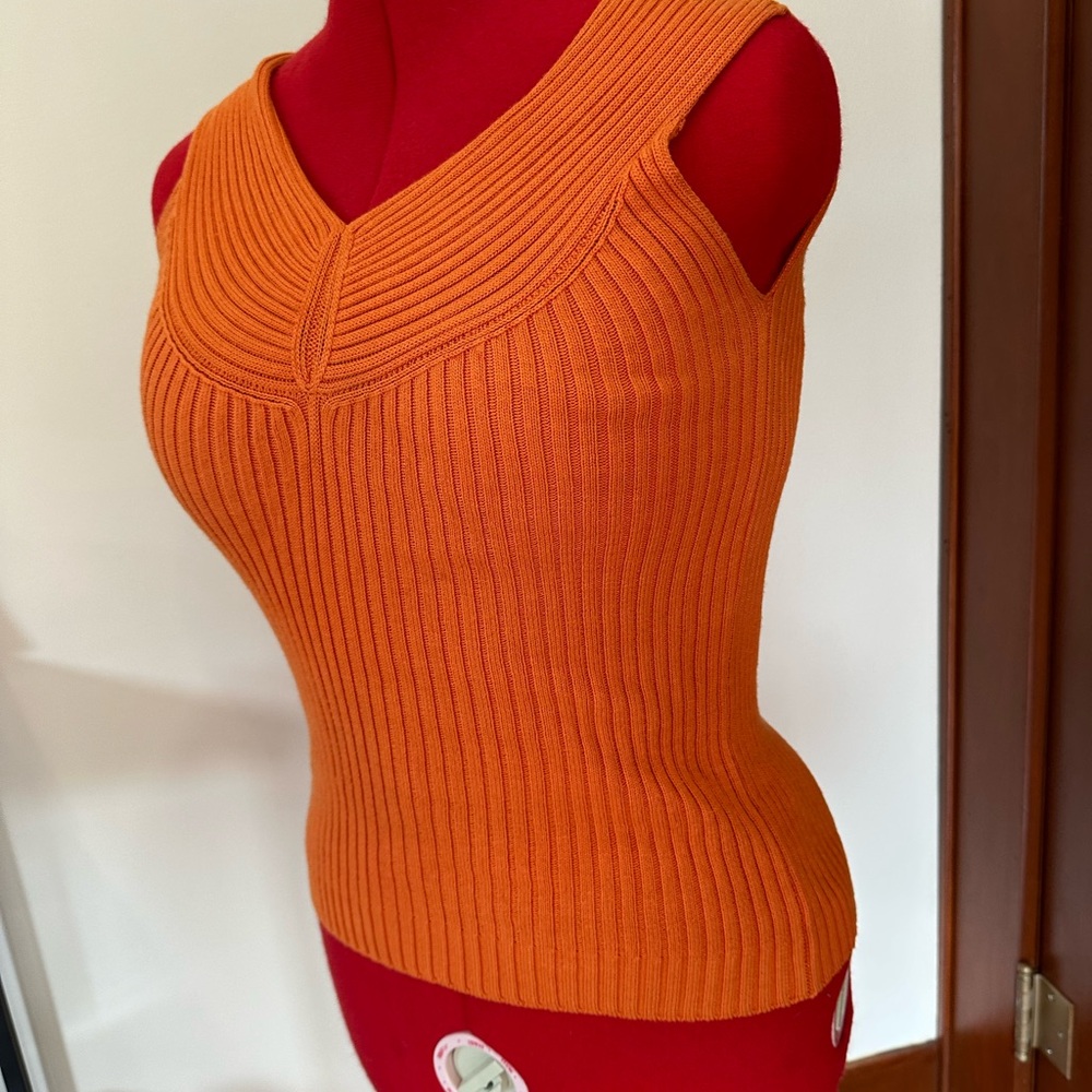 Vibrant Orange Ribbed Knit Sleeveless Blouse